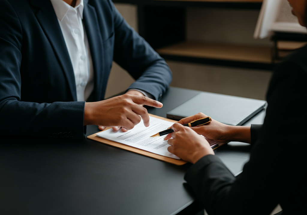 Immigration lawyer explaining legal documents to a Middle Eastern immigrant.